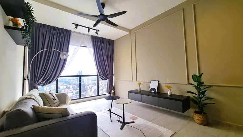 Living features: grey fabric sofa, floor-to-ceiling windows, sheer curtains, blackout curtains, 5-blade ceiling fan with light, wall-mounted TV console, decorative floor lamp, small round coffee table, area rug with geometric pattern, indoor plant in decorative pot, light-colored walls, tile flooring; style: modern; view: city.