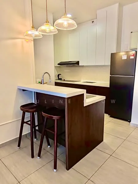Kitchen features: white cabinetry, black countertop, stainless-steel sink, chrome pull-down faucet, built-in stove, black refrigerator, pendant lighting, bar counter with seating, ceramic tile flooring, wall-mounted cabinets, open shelving; style: modern.
