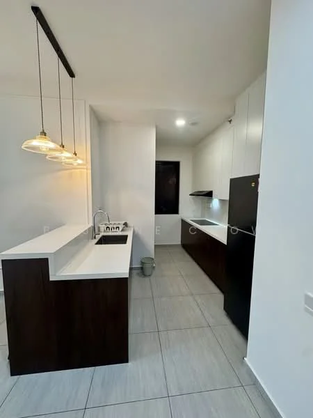 Kitchen features: white quartz countertop, dark wood cabinetry, single-bowl stainless-steel sink, chrome pull-down faucet, built-in oven, freestanding fridge in black, pendant lights above countertop, ceramic tile flooring, recessed downlights, wall-mounted cabinets, open shelving; style: modern.