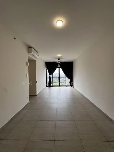 Living features: light grey tiled flooring, white painted walls, ceiling fan, large floor-to-ceiling windows, black curtains, air conditioning unit, recessed ceiling lights; style: modern; view: city.