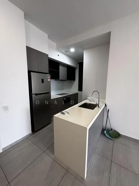 Kitchen features: single-bowl stainless-steel sink, chrome pull-down faucet, white quartz countertop, dark wood cabinetry, built-in refrigerator, ceramic tile flooring, recessed downlights, open shelving, grey backsplash, kitchen island; style: modern.