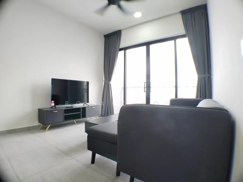 Living features: grey fabric sofa, black TV console, wall-mounted TV, 5-blade ceiling fan with light, floor-to-ceiling windows, grey curtains, light grey tiled flooring, recessed ceiling lights; style: modern.