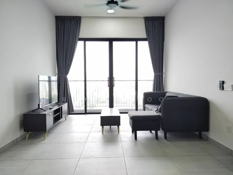 Living features: grey fabric L-shape sectional sofa, black coffee table, TV console with storage, wall-mounted flat-screen TV, floor-to-ceiling sliding glass doors, grey curtains, light grey tile flooring, ceiling fan with light; style: modern; view: city.
