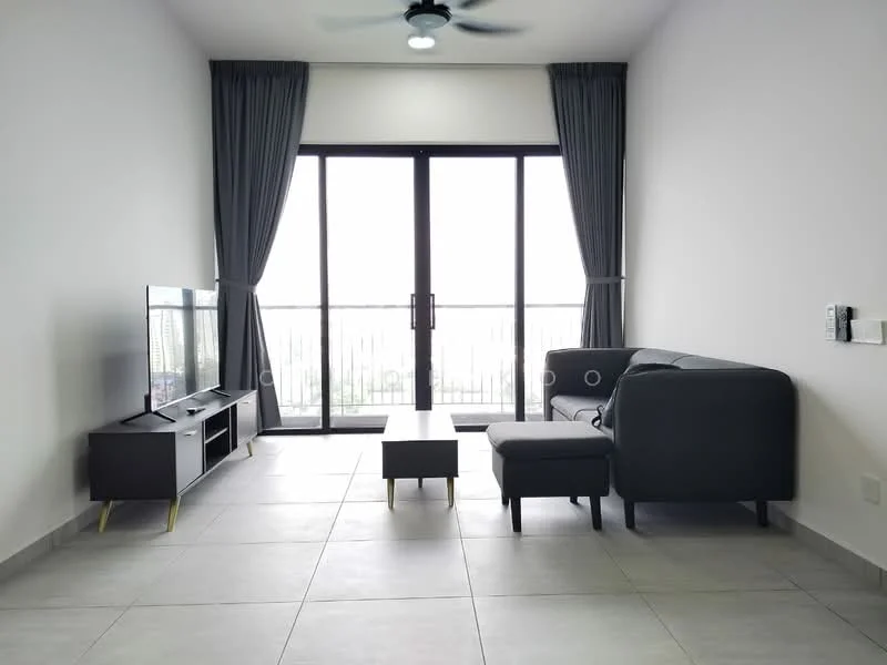 Living features: grey fabric L-shape sectional sofa, black coffee table, TV console with storage, wall-mounted TV, floor-to-ceiling sliding glass doors, grey curtains, light grey tile flooring, ceiling fan with light; style: modern; view: city.