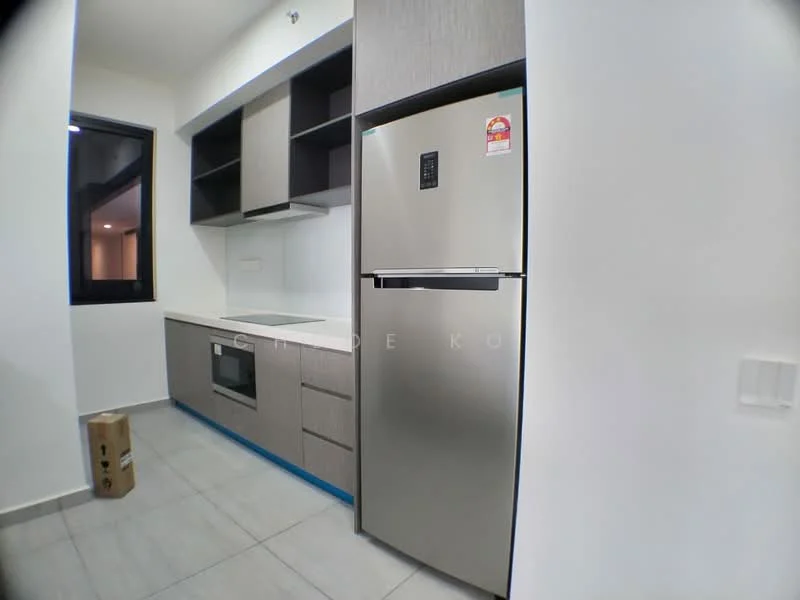 Kitchen features: grey cabinetry, white countertop, built-in oven, stainless-steel fridge, ceramic tile flooring, single-bowl stainless-steel sink, chrome pull-down faucet, wall-mounted cabinets, open shelving, window with black frame; style: modern.