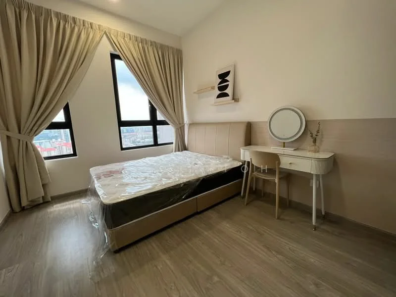 Bedroom features: queen-size bed with protective covering, light wood flooring, white painted walls, floor-to-ceiling windows, curtains in light beige, wall-mounted shelf, dressing table with round mirror, upholstered headboard, study chair, decorative plant on table; style: modern; view: city.