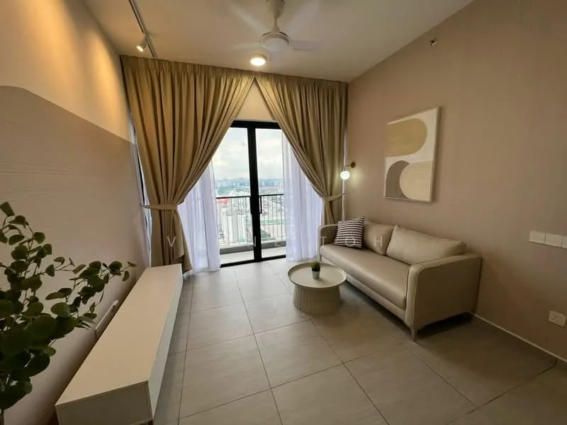 Living features: floor-to-ceiling windows, curtains, 3-seater fabric sofa in light beige, coffee table, wall-mounted TV console, decorative wall art, ceiling fan, tile flooring, light beige painted walls, indirect lighting; style: modern; view: city.