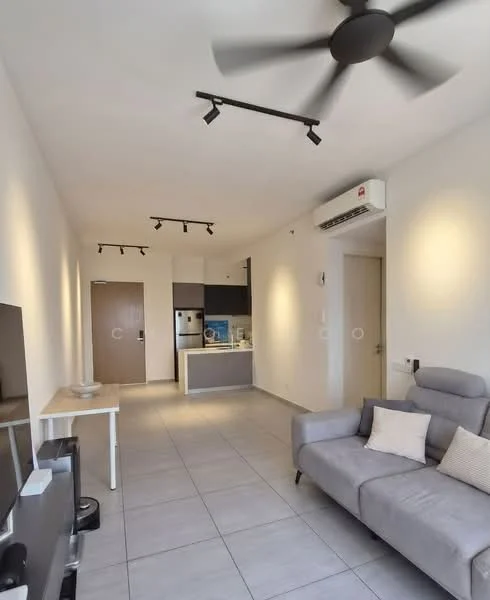 Living features: grey fabric sofa, wall-mounted TV, light-colored walls, tile flooring, recessed LED downlights, ceiling fan, air conditioning unit, open layout, dining table, kitchen area visible, kitchen cabinets, kitchen appliances; style: modern.