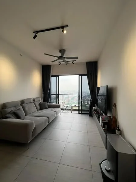 Living features: 3-seater fabric sofa in grey, floor-to-ceiling windows, sliding glass door, 5-blade ceiling fan with light, wall-mounted TV, TV console, ceramic tile flooring, recessed downlights, curtains, decorative wall art, open shelving, area rug; style: modern; view: city.