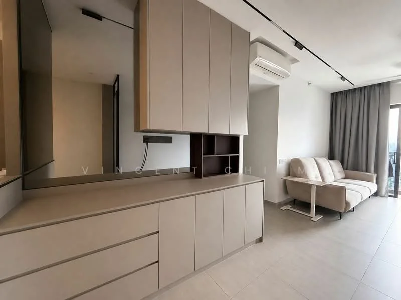 Living features: light grey wall, cream cabinetry, flat-panel cabinets, open shelving, recessed ceiling lights, floor-to-ceiling windows, curtains, light-coloured sofa, air conditioning unit, neutral tiled flooring; style: modern; view: city.
