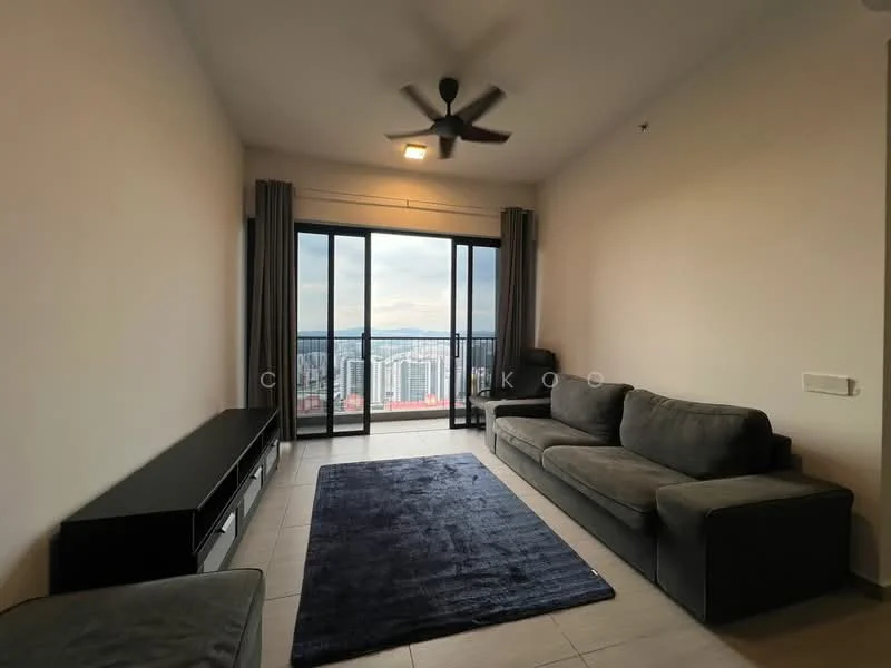 Living features: 3-seater fabric sofa in grey, black TV console, area rug with solid pattern, floor-to-ceiling windows, sliding glass door, curtains, ceiling fan with light, recessed downlights, light grey painted walls, tile flooring; style: modern; view: city.