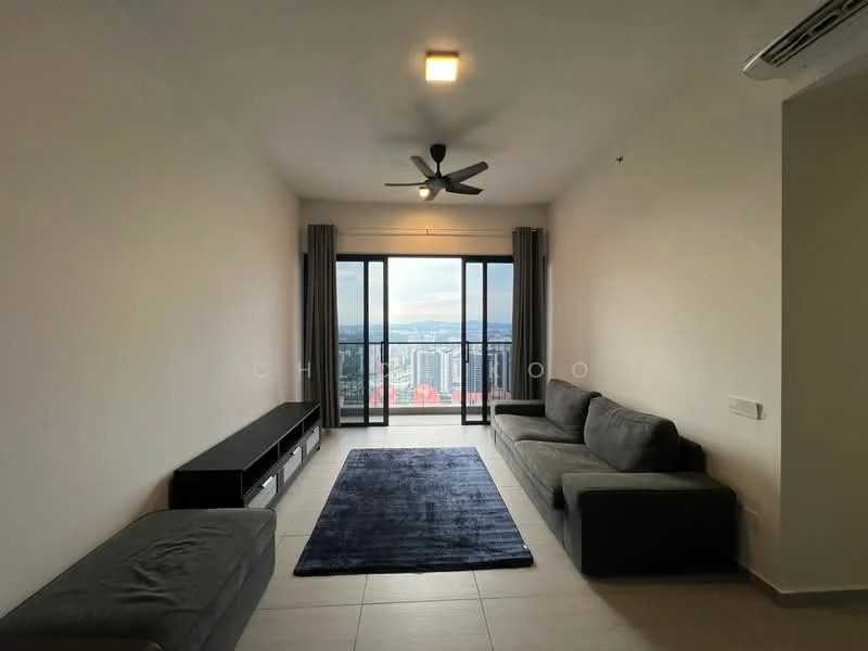 Living features: floor-to-ceiling windows, sliding glass door, 3-blade ceiling fan, sofa in grey fabric, 2-seater sofa, coffee table, area rug in blue, light-colored walls, tile flooring, curtains, TV console; style: modern; view: city.