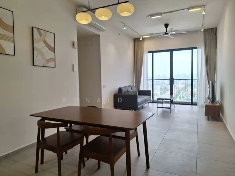Living features: grey fabric sofa, wooden coffee table, 4-seater dining table, 4 dining chairs, floor-to-ceiling windows, city skyline view, light fixture with multiple bulbs, ceiling fan with light, light-colored walls, tile flooring, curtains, decorative wall art; style: modern; view: city.