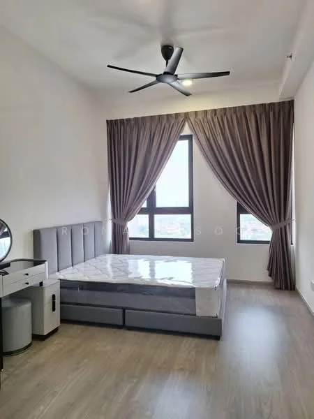 Bedroom features: grey upholstered bed frame, queen-size bed, white mattress, 2 bedside tables, black round mirror, ceiling fan with light, floor-to-ceiling windows, brown curtains, light wood flooring, white walls; style: modern; view: city.