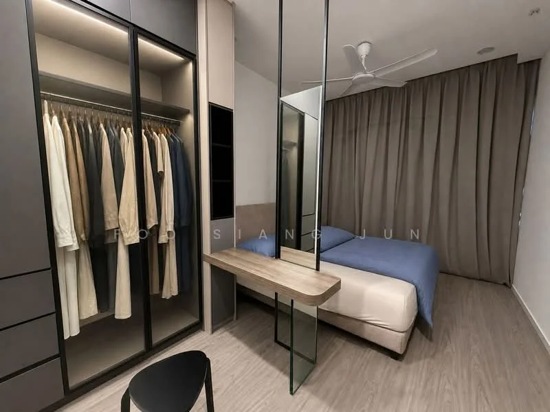 Bedroom features: queen-size bed with blue bedding, built-in wardrobe with sliding doors, hanging clothes in wardrobe, wooden dressing table, mirror on dressing table, light wood flooring, floor-to-ceiling curtains, ceiling fan; style: modern.