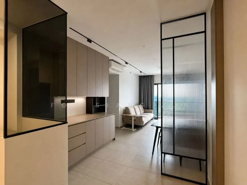 Kitchen features: light grey cabinetry, built-in oven, stainless-steel sink, single-bowl stainless-steel sink, chrome pull-down faucet, quartz countertop, open shelving, recessed downlights; style: modern. Living features: 3-seater fabric sofa in beige, coffee table, floor-to-ceiling windows, curtains, light grey walls, tile flooring, air conditioning unit, area rug; style: modern; view: city.