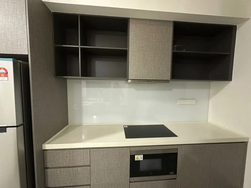Kitchen features: light grey cabinetry, white countertop, built-in microwave, induction cooktop, glass backsplash, open shelving, stainless-steel fridge, drawer storage, under-cabinet lighting; style: modern.