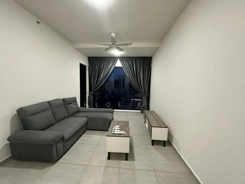 Living features: 3-seater fabric sofa in grey, coffee table, TV console, floor-to-ceiling windows, grey curtains, white painted walls, tile flooring, ceiling fan with light; style: modern; view: city.