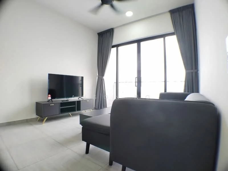 Living features: grey fabric sofa, black TV console, wall-mounted TV, floor-to-ceiling windows, sheer curtains, blackout curtains, ceiling fan, recessed downlights, light grey tile flooring, neutral painted walls; style: modern; view: city.