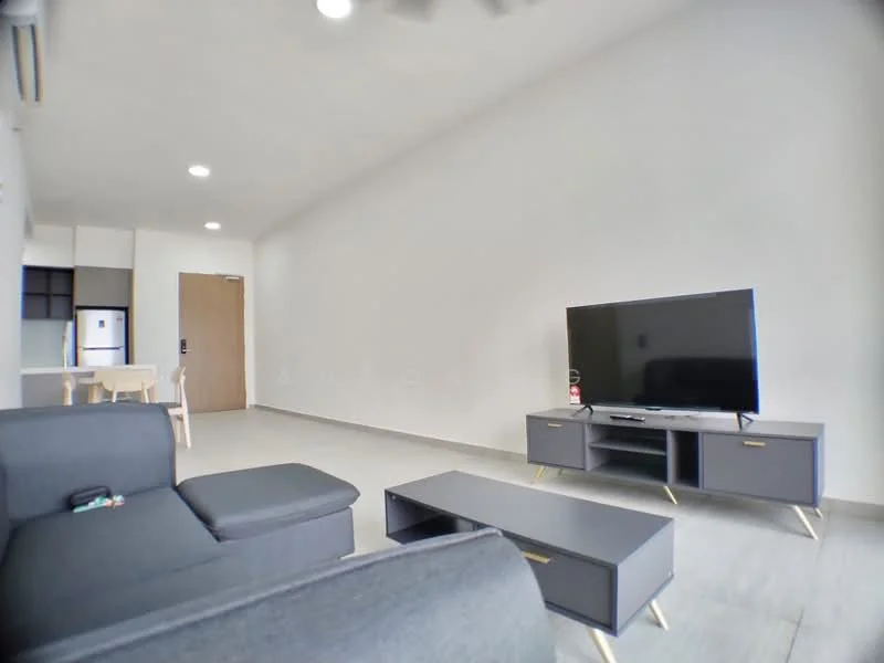 Living features: 3-seater fabric sofa in grey, coffee table with flat surface, wall-mounted TV, TV console with storage, light grey tiled flooring, white painted walls, recessed downlights, ceiling fan, open layout to kitchen, dining area visible in background; style: modern.