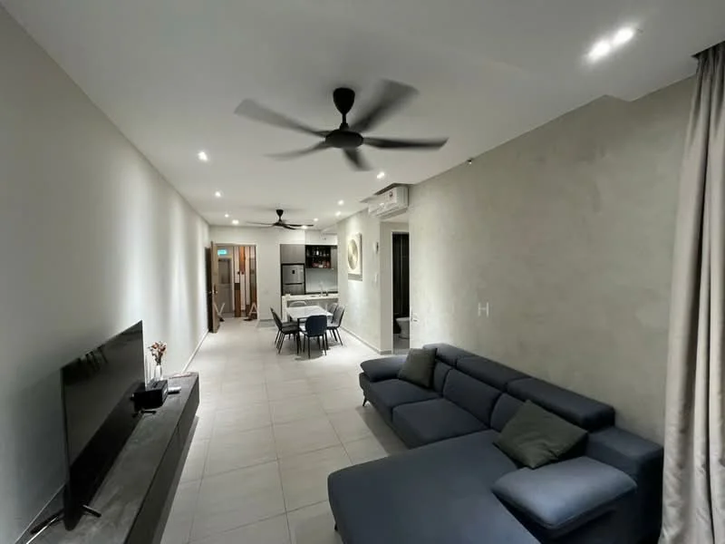 Living features: 3-seater fabric sofa in navy blue, coffee table, wall-mounted TV, TV console, ceiling fan with 3 blades, recessed LED downlights, light grey painted walls, tile flooring, decorative wall art, curtains, open layout to kitchen and dining area; style: modern. Kitchen features: kitchen island, stainless-steel fridge, built-in oven, freestanding range oven, white cabinetry, grey countertop, tile backsplash, dining table with chairs; style: modern.