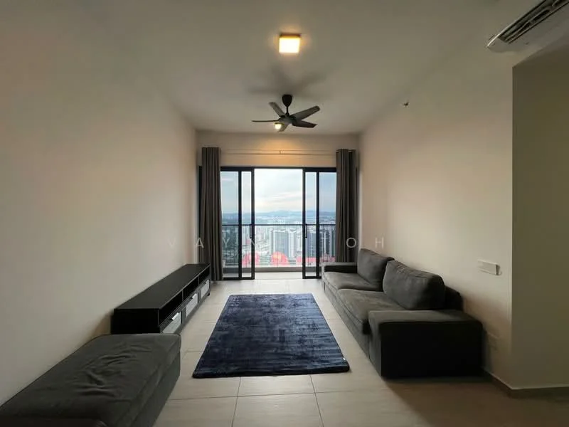 Living features: 3-seater fabric sofa in grey, 2-seater fabric sofa in grey, area rug in navy blue, floor-to-ceiling windows, sliding glass door, city view, ceiling fan with light, wall-mounted TV console, light-colored tiled flooring, curtains in light grey; style: modern; view: city.