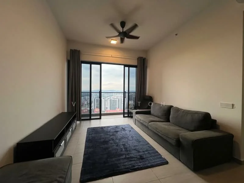 Living features: 3-seater fabric sofa in grey, black TV console, area rug in dark blue, floor-to-ceiling windows, sliding glass door, curtains in grey, ceiling fan, recessed downlights, tile flooring in light grey, neutral painted walls; style: modern; view: city.