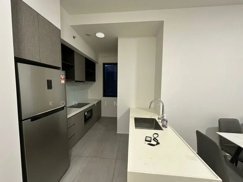 Kitchen features: stainless-steel fridge, built-in oven, ceramic cooktop, white countertop, grey cabinetry, open shelving, single-bowl stainless-steel sink, chrome pull-down faucet, grey tile flooring, recessed downlights; style: modern.