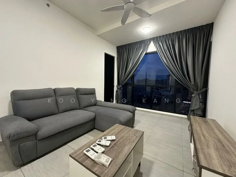 Living features: grey fabric sectional sofa, wooden coffee table, TV console, floor-to-ceiling windows, blackout curtains, recessed downlights, 5-blade ceiling fan, light-coloured tiled flooring, white painted walls; style: modern; view: city.