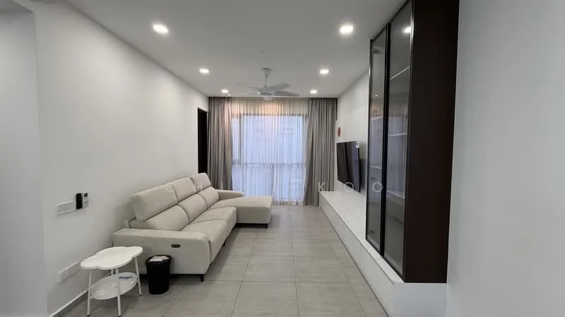 Living features: 3-seater fabric sofa in light grey, white side table, floor-to-ceiling windows with sheer curtains, wall-mounted TV, built-in TV console with storage, recessed LED downlights, ceiling fan, light grey tiled flooring, white painted walls; style: modern.