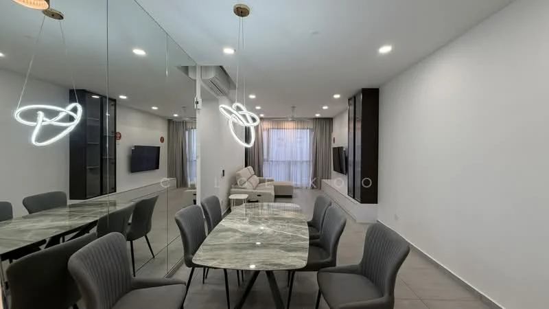 Dining features: marble dining table, 6 upholstered dining chairs, pendant lighting fixtures, mirrored wall, grey tiled flooring, wall-mounted TV, curtains, air conditioning unit; style: modern. Living features: sofa, coffee table, TV console, floor-to-ceiling windows, curtains; style: modern.