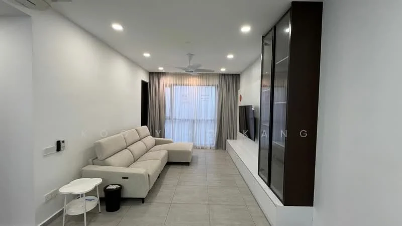 Living features: 3-seater fabric sofa in light grey, white side table, wall-mounted TV, TV console with storage, floor-to-ceiling windows with sheer curtains, recessed downlights, ceiling fan, light grey tiled flooring, neutral painted walls, built-in shelving unit; style: modern.