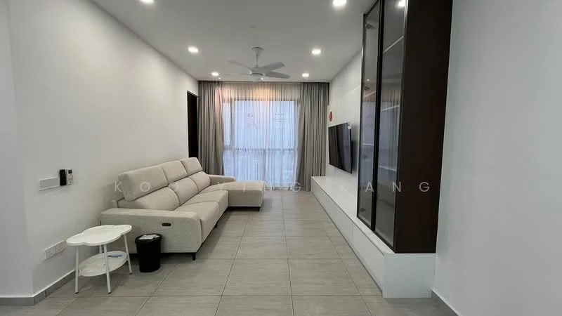 Living features: 3-seater fabric sofa in light grey, white side table, black waste bin, wall-mounted TV, TV console with storage, floor-to-ceiling windows, sheer curtains, recessed downlights, ceiling fan, light grey tiled flooring, white painted walls; style: modern.
