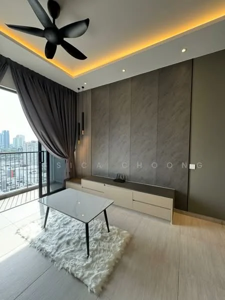 Living features: 5-blade ceiling fan with integrated LED light, grey accent wall, light wood flooring, recessed downlights, floor-to-ceiling windows, sliding glass door, sheer curtains, modern coffee table, area rug with fluffy texture, TV console, decorative wall paneling; style: modern; view: city.