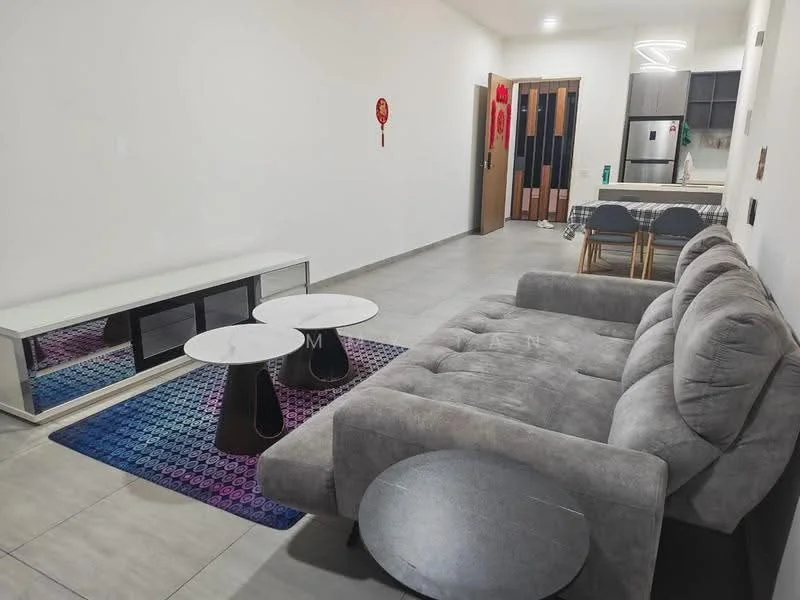 Living features: grey fabric sectional sofa, 2 round coffee tables with black bases, area rug with geometric pattern, wall-mounted TV console, light grey tiled flooring, recessed ceiling lights, dining table with chairs visible in background, open layout, white painted walls; style: modern.