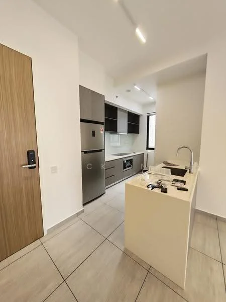 Kitchen features: grey cabinetry, white countertop, stainless-steel fridge, built-in oven, ceramic cooktop, single-bowl stainless-steel sink, chrome pull-down faucet, white backsplash, tile flooring, recessed downlights, window for natural light, kitchen island with seating, modern design; style: modern.