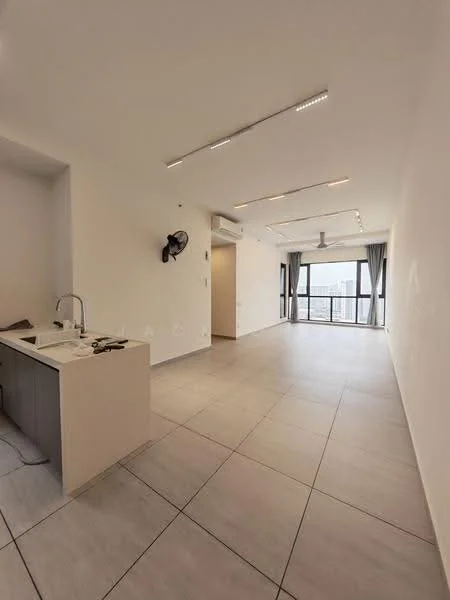 Living features: large floor-to-ceiling windows, grey tiled flooring, white painted walls, recessed LED downlights, ceiling fan, open layout, curtains, kitchenette with sink, countertop, wall-mounted air conditioning unit; style: modern; view: city.