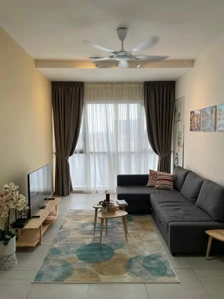 Living features: 3-seater fabric sofa in grey, coffee table, TV console, wall-mounted TV, area rug with circular pattern, floor-to-ceiling windows, sheer curtains, ceiling fan, decorative plants in ceramic pots, wall art, light-colored walls, tile flooring; style: modern.