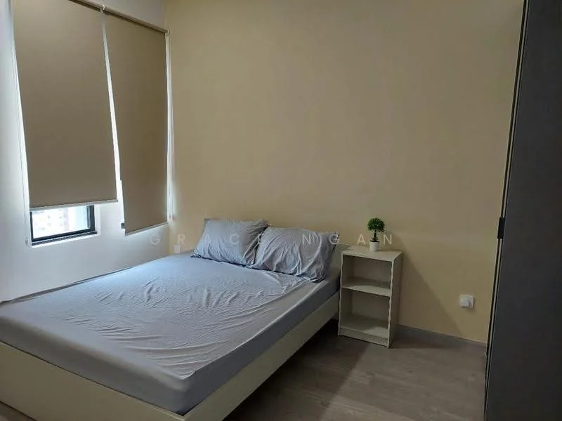 Bedroom features: queen-size bed with grey bedding, light yellow painted walls, laminate flooring, floor-to-ceiling window with roller blinds, nightstand with a small plant, minimalist decor; style: minimalist; view: city.
