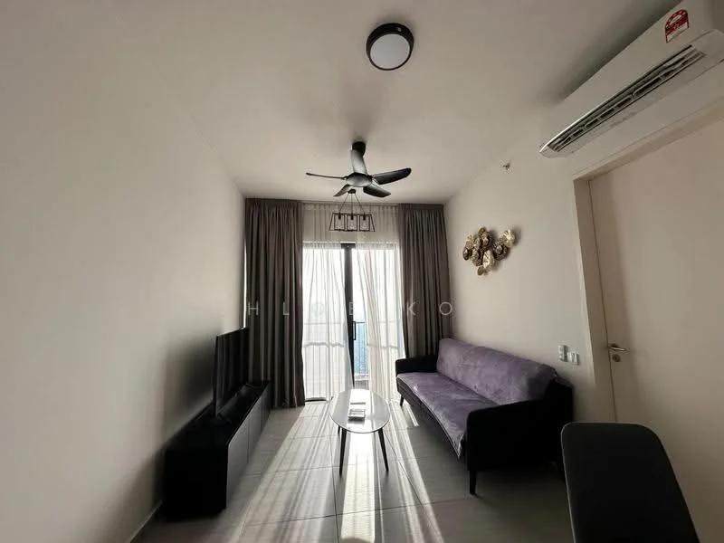 Living features: grey fabric sofa, glass coffee table, wall-mounted TV, floor-to-ceiling windows, sheer curtains, 5-blade ceiling fan with light, recessed downlights, light-colored walls, tile flooring, decorative wall art; style: modern; view: city.