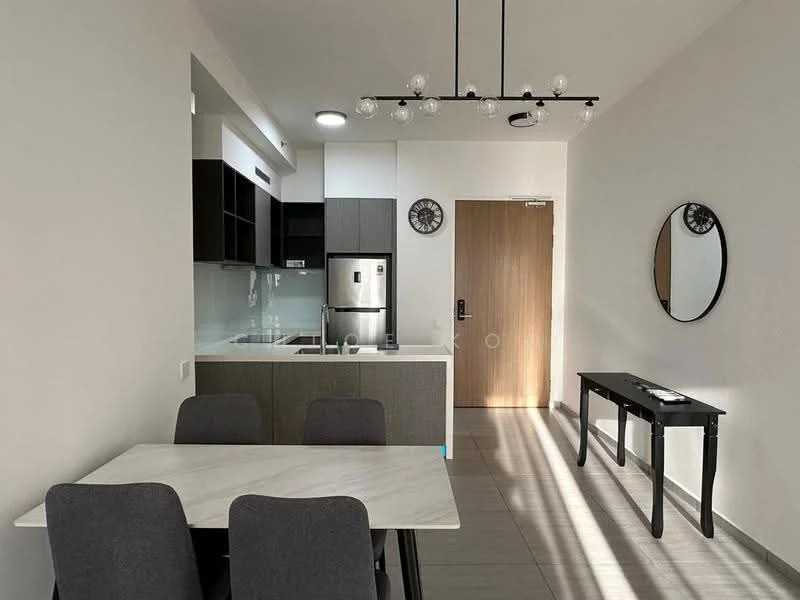Kitchen features: stainless-steel fridge, built-in oven, 4-burner gas hob, black cabinetry, white backsplash, grey countertop, single-bowl stainless-steel sink, chrome pull-down faucet; style: modern. Dining features: 4-seater dining table with marble top, grey upholstered dining chairs, pendant light fixture, wall clock, decorative mirror; style: modern. Living features: light grey tiled flooring, floor-to-ceiling windows, natural light, neutral wall color; style: modern.