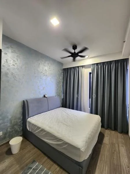Bedroom features: queen-size bed, upholstered headboard, 5-blade ceiling fan with light, light grey curtains, blue accent wall, wood laminate flooring, nightstand, decorative wall art; style: modern.