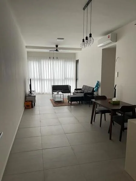 Living features: large floor-to-ceiling windows, sheer curtains, light grey walls, tile flooring, 5-blade ceiling fan, wall-mounted TV, black leather sofa, grey fabric armchair, wooden coffee table, area rug, dining table with chairs, air conditioning unit; style: modern; view: city.