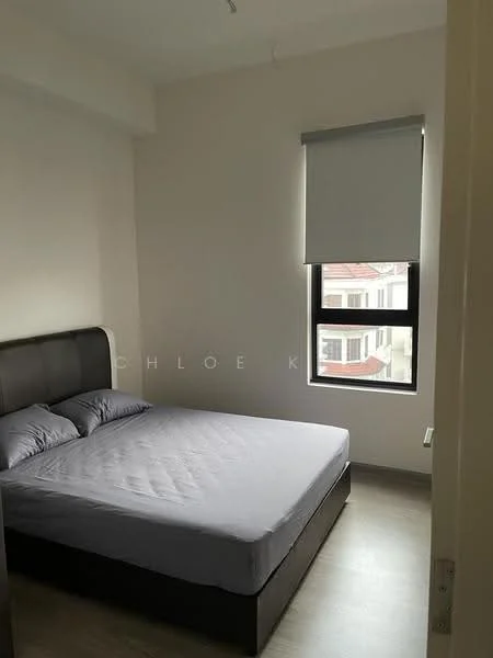 Bedroom features: queen-size bed, upholstered headboard, grey bed linens, wooden flooring, single window, roller blinds, white painted walls, ceiling light fixture; style: modern.
