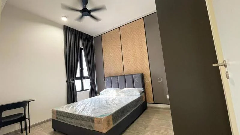 Bedroom features: queen-size bed, upholstered headboard, bedside lamps, built-in wardrobe with wood paneling, dark wood accent wall, light wood flooring, blackout curtains, ceiling fan with light, study desk, window with view; style: modern.