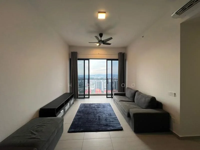 Living features: floor-to-ceiling windows, 3-blade ceiling fan, grey fabric sofa, 2-seater sofa, black TV console, area rug with solid pattern, light-colored tiled flooring, curtains, city view; style: modern; view: city.