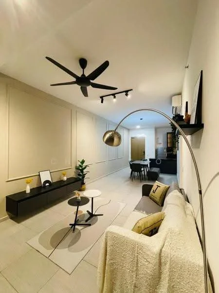 Living features: 5-blade ceiling fan with light, recessed LED downlights, white painted walls, light-colored tiled flooring, sofa with throw blanket, coffee table, decorative floor lamp, area rug, wall-mounted shelf, plant in ceramic pot, dining table with chairs visible in background; style: modern.