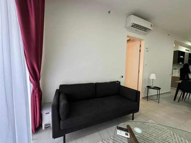 Living features: black fabric 3-seater sofa, glass coffee table, white side table, floor-mounted air conditioning unit, light grey tiled flooring, white painted walls, red curtain, recessed lighting; style: modern.