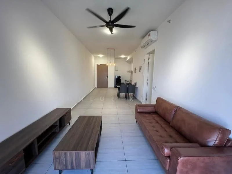 Living features: 3-seater leather sofa in brown, wooden coffee table, TV console, wall-mounted TV, recessed LED downlights, ceiling fan, air conditioning unit, light grey tiled flooring, white painted walls, open layout, large windows, decorative wall art; style: modern.