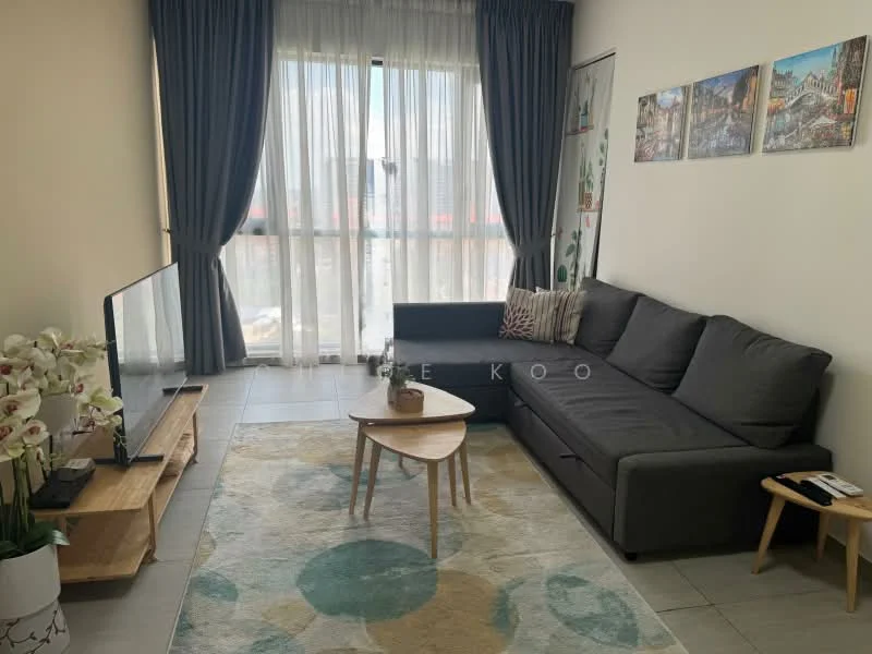 Living features: L-shape sectional sofa in grey, coffee table with round top, area rug with circular pattern, floor-to-ceiling windows, sheer curtains, wall-mounted TV, decorative wall art, potted houseplants, light-colored walls, tile flooring; style: modern; view: city.